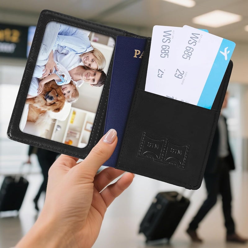 RHOttbiy Passport Holder for Travel, RFID Blocking Passport Cover with Pen Holder Leather Passport Wallet Case Travel Must Haves Accessories Passport Book Card Holder for Family Travel Essentials Gifts, Black - Image 2